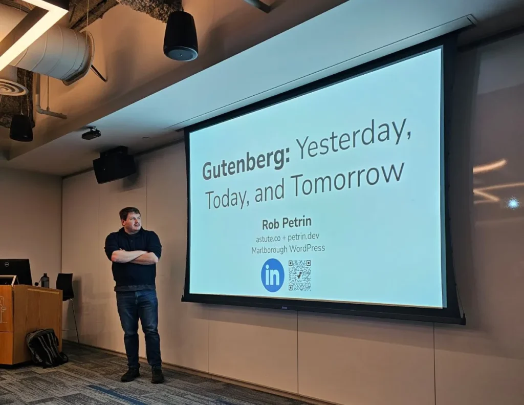 Rob speaking at Boston WordPress, January 2024